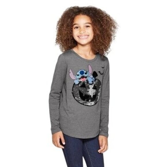 Girls' Lilo & Stitch Halloween Flip Sequin Long Sleeve T-Shirt - Charcoal L, Gre - Picture 5 of 13